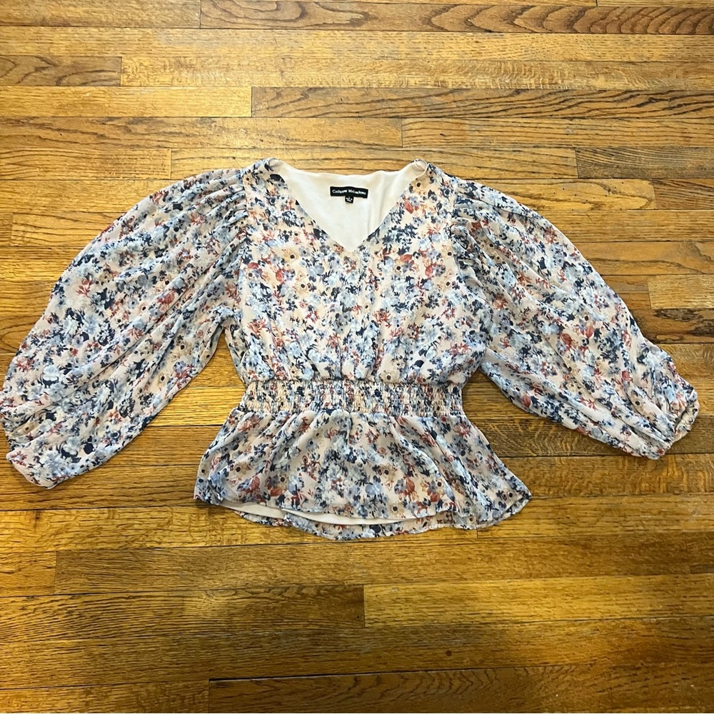 Catherine Malandrino Floral Peplum Blouse in White, Blue, Pink